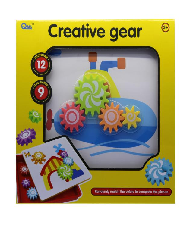 Fogaskerekes készségfejlesztő készlet, 12 darab sablon képpel, 9 darab fogaskerékkel, 31x31 cm dobozban